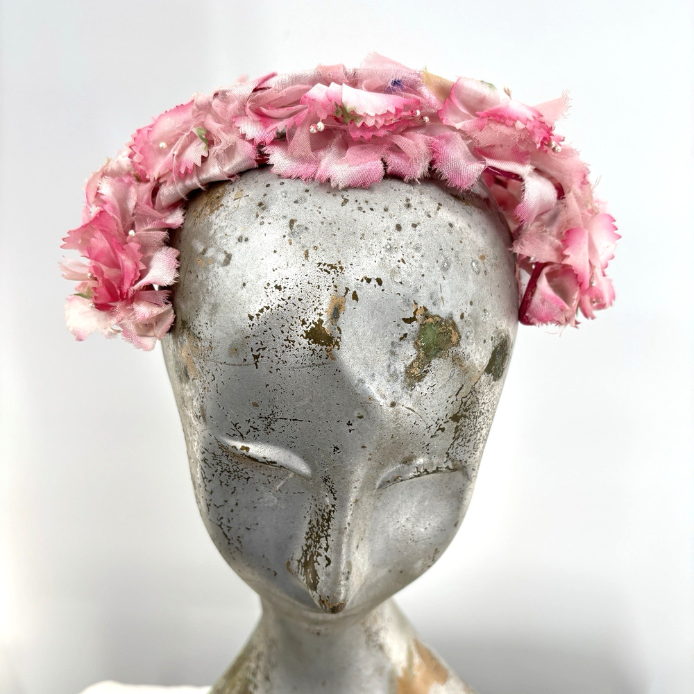 Vtg 1940s Pink Floral Halo Hat Fascinator Silk Flowers Pearl Accents Union Made
